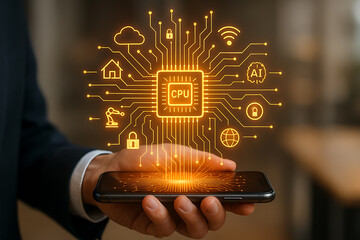 A person holding a phone with a holographic CPU and circuit board connecting to iot, ai, and smart home icons, symbolizing future tech.