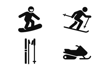 Winter sports icons set. Solid black vector illustrations of snowboarder, skier, ski poles, snowmobile. Extreme winter sports symbols for ski resort, slope activities, equipment, adventure, mountains.