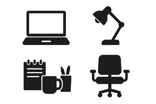 Modern Office Workspace Icon Set. Solid filled vector illustration of essential work from home items. Laptop, desk lamp, office chair, notepad, coffee mug, pen holder. Minimalist productivity symbols.