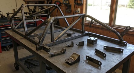 Metal automotive frame on workshop bench