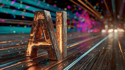 3d render of the letters ai glowing with golden light against a futuristic digital background