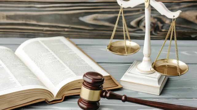 Scales Justice stand beside open book, gavel, symbolizing law, jurisprudence. composition conveys themes legal proceedings, courts, attorneys, decisions.
