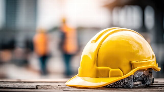 A yellow hard hat on wooden planks symbolizes construction safety and project management.