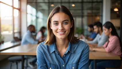 Smiling Young Woman with Diverse Group in Background