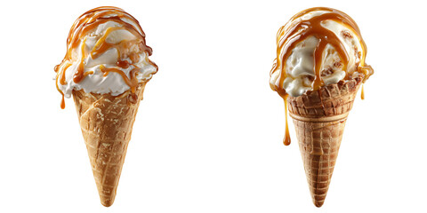 Set of a, Ice cream with caramel drizzle in a cone, isolated on a transparent background.