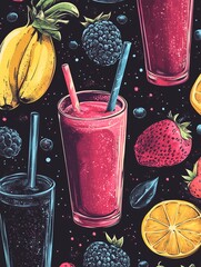 A vector illustration of various smoothies scattered around in a cartoon style,