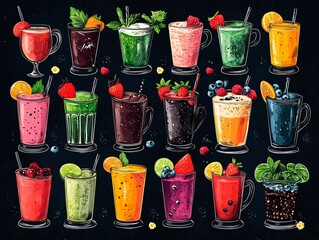 A vector illustration of various smoothies scattered around in a cartoon style,