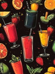 A vector illustration of various smoothies scattered around in a cartoon style,