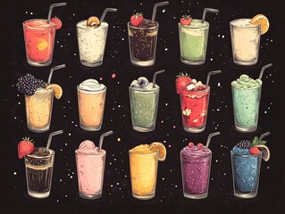 A vector illustration of various smoothies scattered around in a cartoon style,