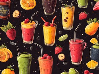 A vector illustration of various smoothies scattered around in a cartoon style,