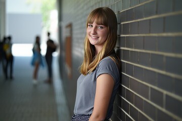 Smiling Young Woman Leaning Against Wall in University Hallway