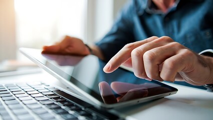 Man's finger touching tablet screen next to laptop