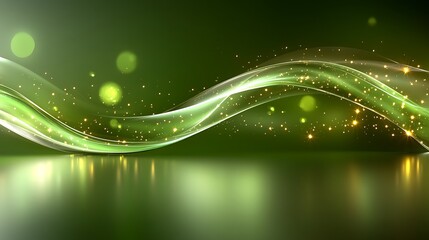 Abstract design with shimmering green waves and golden sparkles.