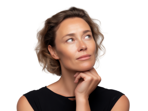 Caucasian woman with chin on hand and looking up to side with a curious expression, isolated on white or transparent background