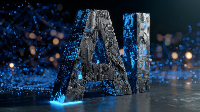 The letters ai rendered in a futuristic metallic texture with glowing blue lights, representing artificial intelligence