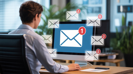 Focused Professional Checking Email Inbox with Multiple Notifications on Computer Screen in Modern Office Setting