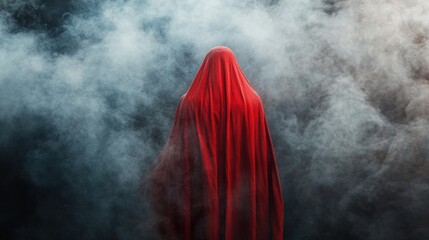 A mysterious figure draped in a flowing red cloak stands amidst a foggy atmosphere.