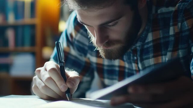 A man in a library, writing intently in a notebook with a pen, surrounded by books, indicating he is focused on research or study.