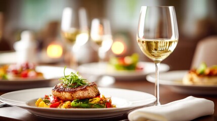 A beautifully plated steak with vegetables, complemented by a glass of crisp white wine.