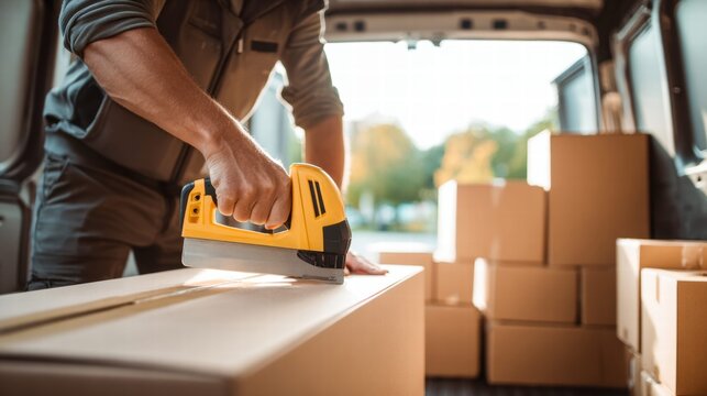 A delivery worker seals a cardboard box with a stapler in a van, preparing for transport.