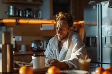 Fototapeta premium Pensive man wearing bathrobe having breakfast in kitchen