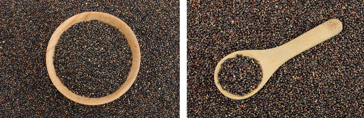 black quinoa in wooden bowl and spoon as a background. Top view. Flat lay
