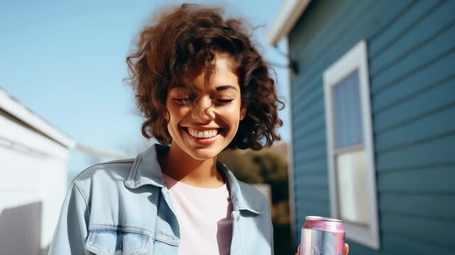 A vibrant video still of a joyful person holding a soda can, captured from a low angle with a bright, sunny backdrop and casual style.