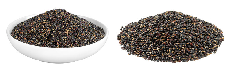 black quinoa in ceramic bowl isolated on white background