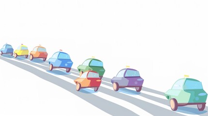 Roadside Fun: Lively Picture of Cartoon Cars Driving on White Cartoon Background – Brightly Colored Vehicles with Round Wheels, Smiling Windshields, and Wavy Tire Tracks, Zooming in Simple