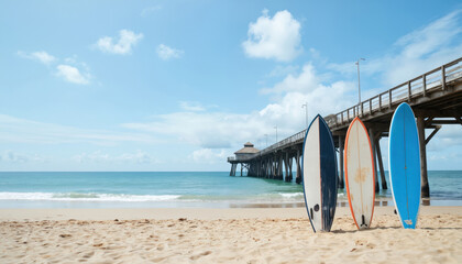 Sandy beach scene with two surfboards, one white and one blue, leaning against wooden boardwalk. Beach is dotted with small rocks. Wooden pier extends into ocean with blue sky and white clouds above.