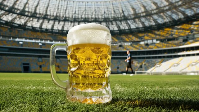 Beer in mug on soccer field with stadium in background