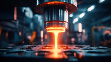 Intense close-up showcases molten metal pouring in a factory, highlighting industrial processes and heat.