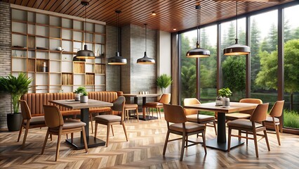 Fototapeta premium Modern Cafe Interior: Warm Wood, Leather Seating, and Natural Light.
