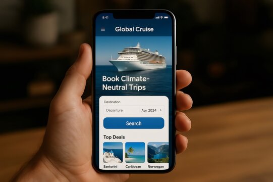 Close up of hand using mobile app for booking climate neutral cruises, showcasing eco conscious travel options