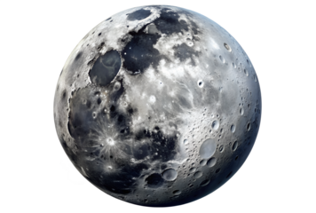 Detailed view of the moon, earths only natural satellite, isolated on transparent background