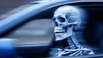 A skeleton, representing death, is driving a car in a blur of speed and motion.