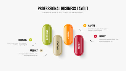 Investor Plan Four Element Diagram Slide Template. Consulting Strategy Frame Layout Vector Illustration. Professional Development 4 Option Infographic Presentation Design.