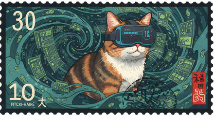 Calico cat wearing virtual reality goggles on a swirling green background