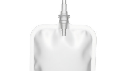 Close up of a clear intravenous fluid bag with a connector on a white background in studio light ai generated