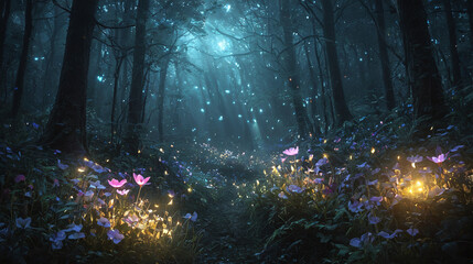 Glowing Flowers in a Mystical Forest Setting