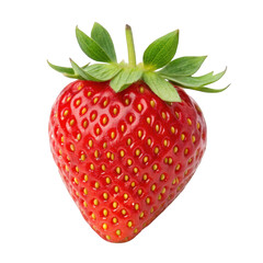 Fototapeta premium Isolated close up of a single red strawberry with green leaves attached on transparent background