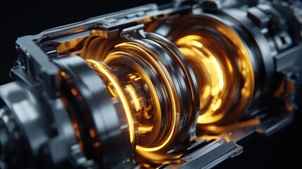 Fototapeta premium An illuminated cross-section of an intricate machine design, highlighting gears and internal components.