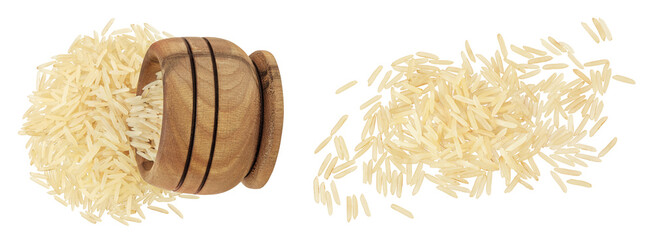 rice basmati in a wooden bowl isolated on white background. Top view. Flat lay