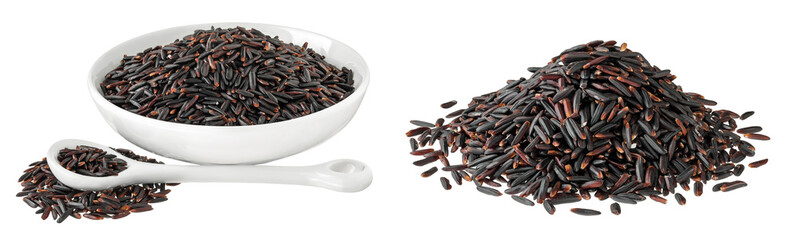 Black rice in ceramic bowl and spoon isolated on white background with full depth of field