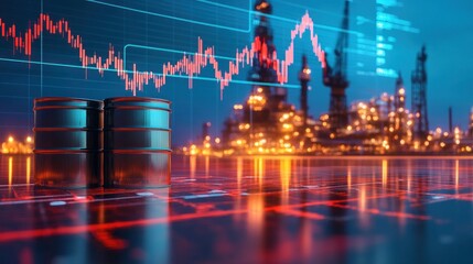 Oil barrels in front of a digital stock market display and oil rigs.