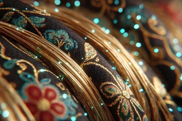 Fototapeta premium Golden fabric rings, intricate dark design, glowing teal dots