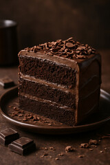 Fetta di torta al cioccolato su piatto nero.