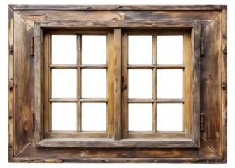 Old rustic wooden window frame with multiple panes isolated on transparent background