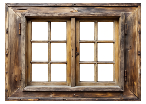 Old rustic wooden window frame with multiple panes isolated on transparent background