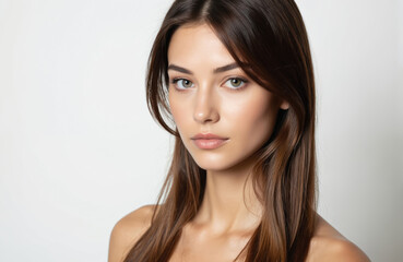 Fototapeta premium Young woman with long brown hair and striking green eyes. She wears a simple gray tank top, central composition, solo subject. No distractions, focus on the model.